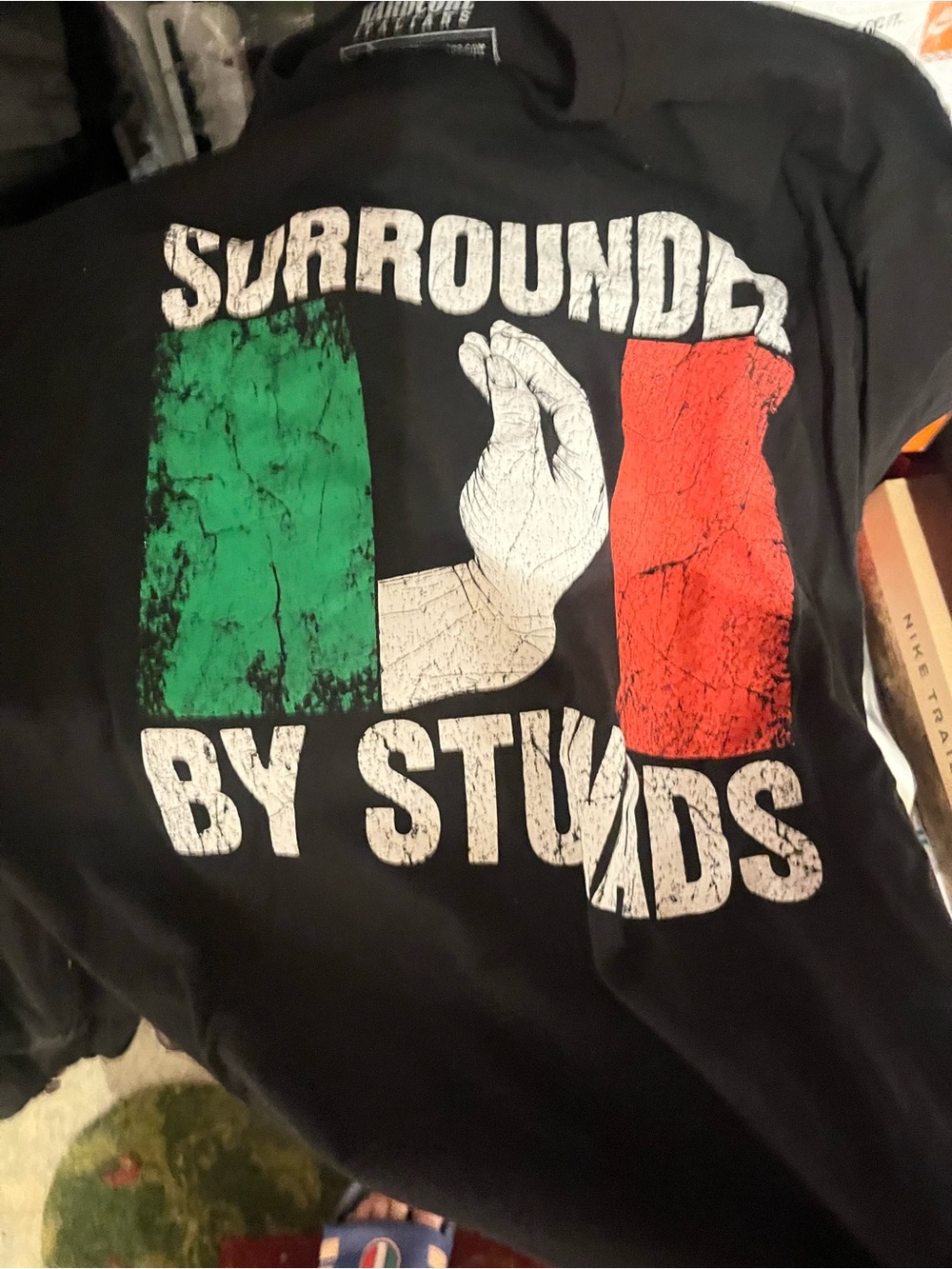 Hardcore ItaliansBlack Graphic Tee with Italian Flag Colors - "Surrounded by Stu